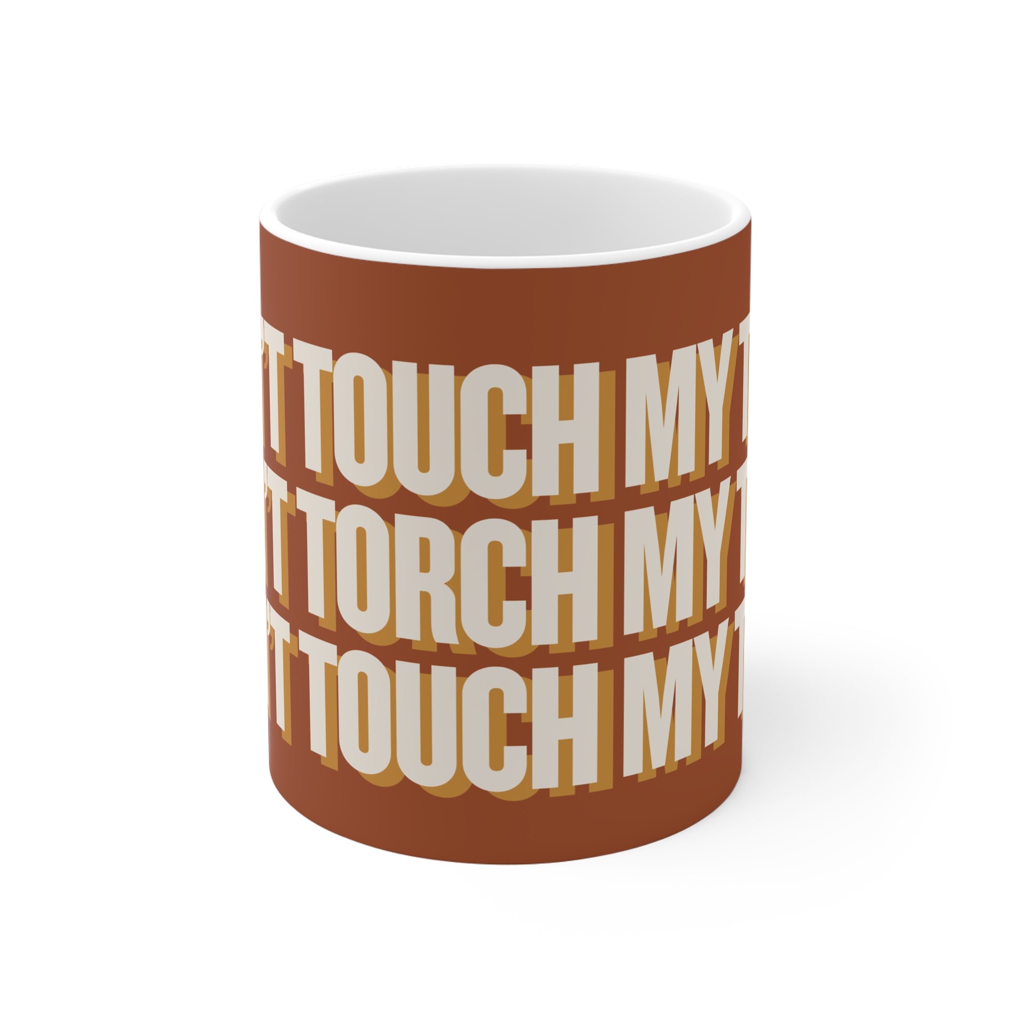 MUG - DON'T TOUCH / TORCH MY TILES - BROWN / WHITE ceramic coffee cup for mahjong enthusiasts (11oz)